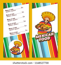 Mexican food. Popular Mexican food, fast food. Funny Mexican in a poncho and sombrero. Vector illustration. The layout of the menu of the Mexican restaurant.