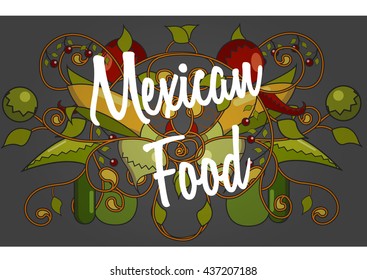 Mexican food poster with corn, chili, leafs, cucumber and tomato on background