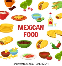 Mexican food poster. Large authentic menu of delicious traditional dishes. Vector flat style cartoon illustration isolated on white background