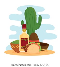 mexican food poster with taco, guacamole, bottle tequila, hat and cactus vector illustration design