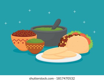 mexican food poster with taco and set of delicious ingredients vector illustration design