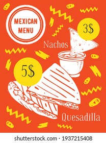 Mexican food poster template. Quesadilla and nachos. Hand drawn vector sketch illustration. White on red background