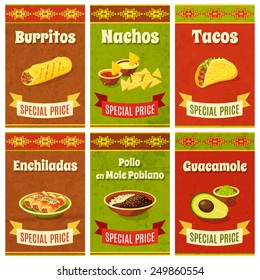 Mexican food promo poster mini set with traditional meal and ingredients isolated vector illustration