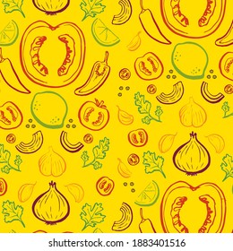 Mexican food recipe pattern, tomatoes, onion, garlic, chili, coriander, salsa ingredients. Summer tropical tasty vector brush pen style pattern