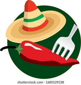 Mexican food recipe, taco, chili hat fork  in a plate, illustration vector art.