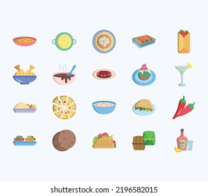 Mexican food recipes and dishes icon set