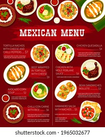 Mexican food restaurant dishes menu template. Tortilla nachos with cheese, beef tortilla wrap and avocado corn soup, chilli Con Carne, chicken quesadilla and Mole Poblano sauce, Habanero salsavector