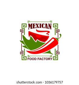 Mexican Food Restaurant Icon Of Jalapeno Chili Red Pepper For Mexican Fast Food Bistro Or Fastfood Cafe. Vector Design Of Mayan Or Aztec Ornament And Hot Spice Pepper In Bowl Plate