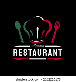 Mexican Food Restaurant Logo. Mexico flag symbol with Spoon, Fork, and Knife icons. On green, white, and red colors. Premium and Luxury  vector illustration