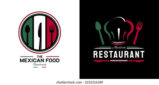 Mexican Food Restaurant Logo. Mexico flag symbol with Spoon, Fork, and Knife icons. On green, white, and red colors. Premium and Luxury  vector illustration
