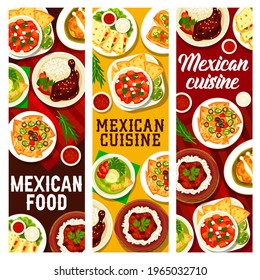 Carteles de comidas y salsas en restaurantes mexicanos. Nachos de tortilla, sopa de aguacate y pollo con salsa de Mole Poblano, envoltura de tortilla de buey, chili y quesadilla, sándwich de mollete, vector de salsa Habanero