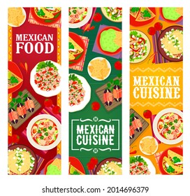 Mexican Food Restaurant Meals And Snacks Banners. Salmon And Seafood Ceviche, Guacamole With Nachos, Tapas With Bacon And Dates, Chorizo Taco, Meat Pepper And Vegetable Salad, Beef Tortillas Vector