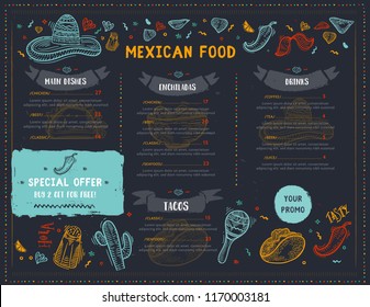 Mexican Food Restaurant menu, template design with sketch icons of Chili pepper, sombrero, tacos, nacho, burrito.Chalkboard Food flyer for promotion, site banner