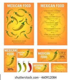 Mexican Food. Mexican restaurant menu template. Yellow Hot Chili Peppers. Business card, flyer, vip card and gift voucher. Vector design.