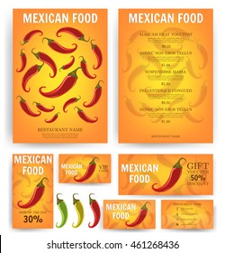 Mexican Food. Mexican Restaurant Menu Template. Red Hot Chili Peppers.  Branding. Business Card, Flyer, Vip Card And Gift Voucher. Vector Design.