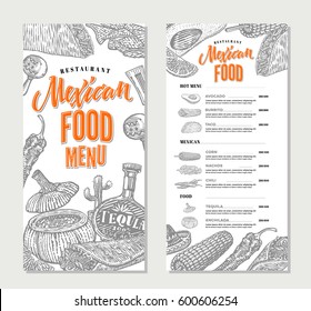 Mexican food restaurant menu template with traditional meals and products of national cuisine in sketch style vector illustration