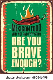 Mexican food restaurant sign with hot and spicy chili pepper. Mexican cuisine promotional retro poster design.