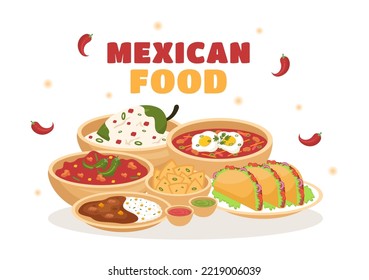 Mexican Food Restaurant with Various of Delicious Traditional Cuisine Tacos, Nachos and Other on Flat Cartoon Hand Drawn Templates Illustration