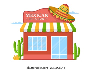 Mexican Food Restaurant with Various of Delicious Traditional Cuisine Tacos, Nachos and Other on Flat Cartoon Hand Drawn Templates Illustration