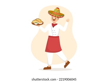 Mexican Food Restaurant with Various of Delicious Traditional Cuisine Tacos, Nachos and Other on Flat Cartoon Hand Drawn Templates Illustration