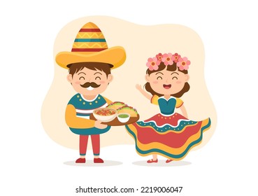 Mexican Food Restaurant with Various of Delicious Traditional Cuisine Tacos, Nachos and Other on Flat Cartoon Hand Drawn Templates Illustration