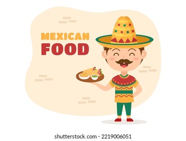 Mexican Food Restaurant with Various of Delicious Traditional Cuisine Tacos, Nachos and Other on Flat Cartoon Hand Drawn Templates Illustration