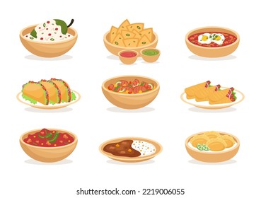 Mexican Food Restaurant with Various of Delicious Traditional Cuisine Tacos, Nachos and Other on Flat Cartoon Hand Drawn Templates Illustration