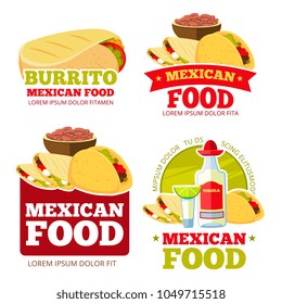 Mexican food restaurant vector badges, labels, logos and emblems. Mexican restaurant logo and label, emblem with food illustration