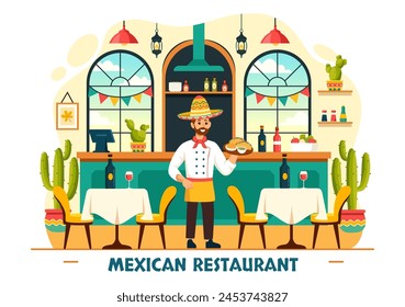 Ilustración vectorial de comida mexicana con varios de deliciosos tacos de cocina tradicional, nachos y otros sobre fondo plano de dibujos animados