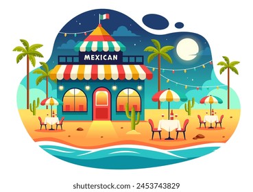 Mexican Food Restaurant Vector Illustration with Various of Delicious Traditional Cuisine Tacos, Nachos and Other on Flat Cartoon Background