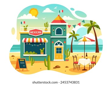 Mexican Food Restaurant Vector Illustration with Various of Delicious Traditional Cuisine Tacos, Nachos and Other on Flat Cartoon Background