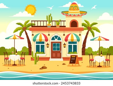 Mexican Food Restaurant Vector Illustration with Various of Delicious Traditional Cuisine Tacos, Nachos and Other on Flat Cartoon Background