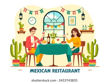 Mexican Food Restaurant Vector Illustration with Various of Delicious Traditional Cuisine Tacos, Nachos and Other on Flat Cartoon Background