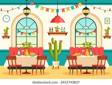 Mexican Food Restaurant Vector Illustration with Various of Delicious Traditional Cuisine Tacos, Nachos and Other on Flat Cartoon Background