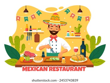 Ilustración vectorial de comida mexicana con varios de deliciosos tacos de cocina tradicional, nachos y otros sobre fondo plano de dibujos animados