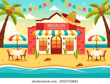 Mexican Food Restaurant Vector Illustration with Various of Delicious Traditional Cuisine Tacos, Nachos and Other on Flat Cartoon Background