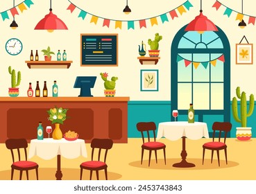 Mexican Food Restaurant Vector Illustration with Various of Delicious Traditional Cuisine Tacos, Nachos and Other on Flat Cartoon Background