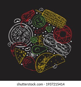 Mexican food. Round composition with traditional dishes and ingredients. Hand drawn outline vector sketch illustration