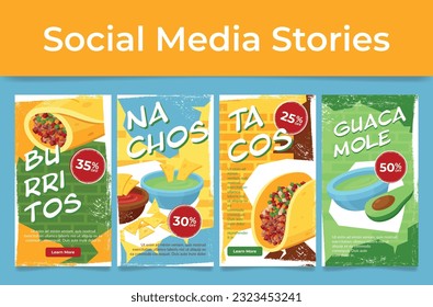 Mexican food sale discount social media stories internet ad banner set vector illustration. Burrito tacos nachos guacamole online promo special offer landing page poster traditional cuisine menu