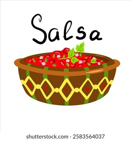 Mexican food salsa in a bowl with hand drawn text. Tomato sauce with chili and onion. Cinco de mayo food. Vector illustration isolated on a white background.