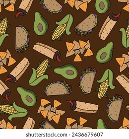 Mexican food seamless colorful pattern. Avocado, taco, burito, corn, nachos