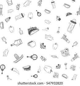Mexican food seamless hand drawn pattern with taco, cactus, hat, chili for site banners, headers.