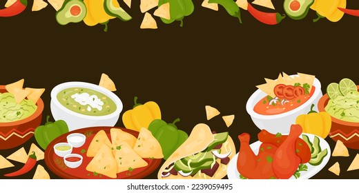 Mexican food. Seamless horizontal border with Latin American traditional dishs Quesadilla, Taco, guacamole with nachos, green and Tomato Soup, Achiote Chicken on black background. Vector illustration