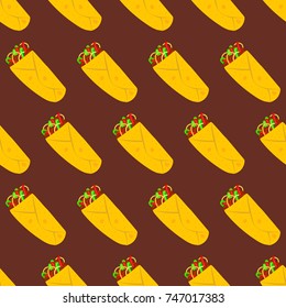 Mexican food seamless pattern. Burrito. Colorful vector background, cute style. Vector Seamless Pattern Template