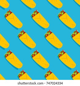 Mexican food seamless pattern. Burrito Colorful vector blue background, cute style. Vector Seamless Pattern Template