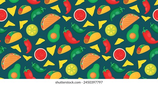 Mexican food seamless pattern. Cuisine poster design. Mexica Menu elements and objects background.