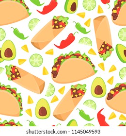 Mexican food seamless pattern fresh chili nachos vector illustration. Traditional mexico culture spicy burrito background. Tasty latin meal lunch wallpaper cooking cuisine.