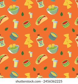 mexican food seamless pattern with guacamole, sauce salsa, cheese sauce, tequila, nachos, tacos