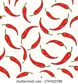 Mexican food. Seamless pattern with hand drawn chili pepper in Sketch style. Cinco de Mayo 