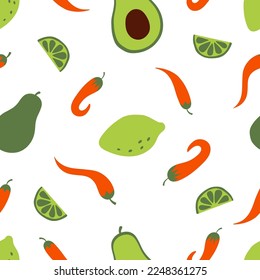 Mexican food seamless pattern of ingredients for guacamole background. Hot chili pepper, avocado and lime background. Flat cartoon doodle style